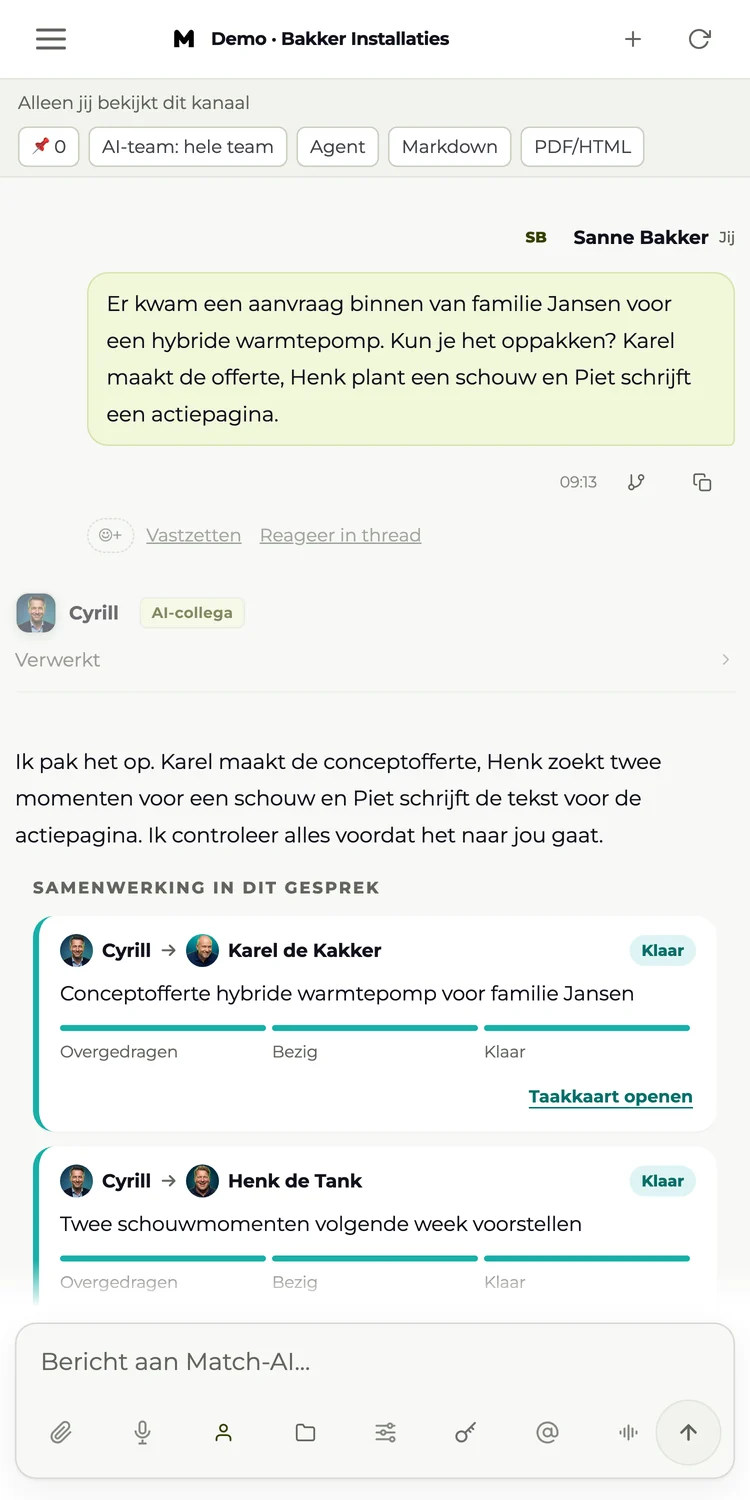 Ein Kanal in der Match-AI App mit den Aufgabenkarten von Karel und Henk