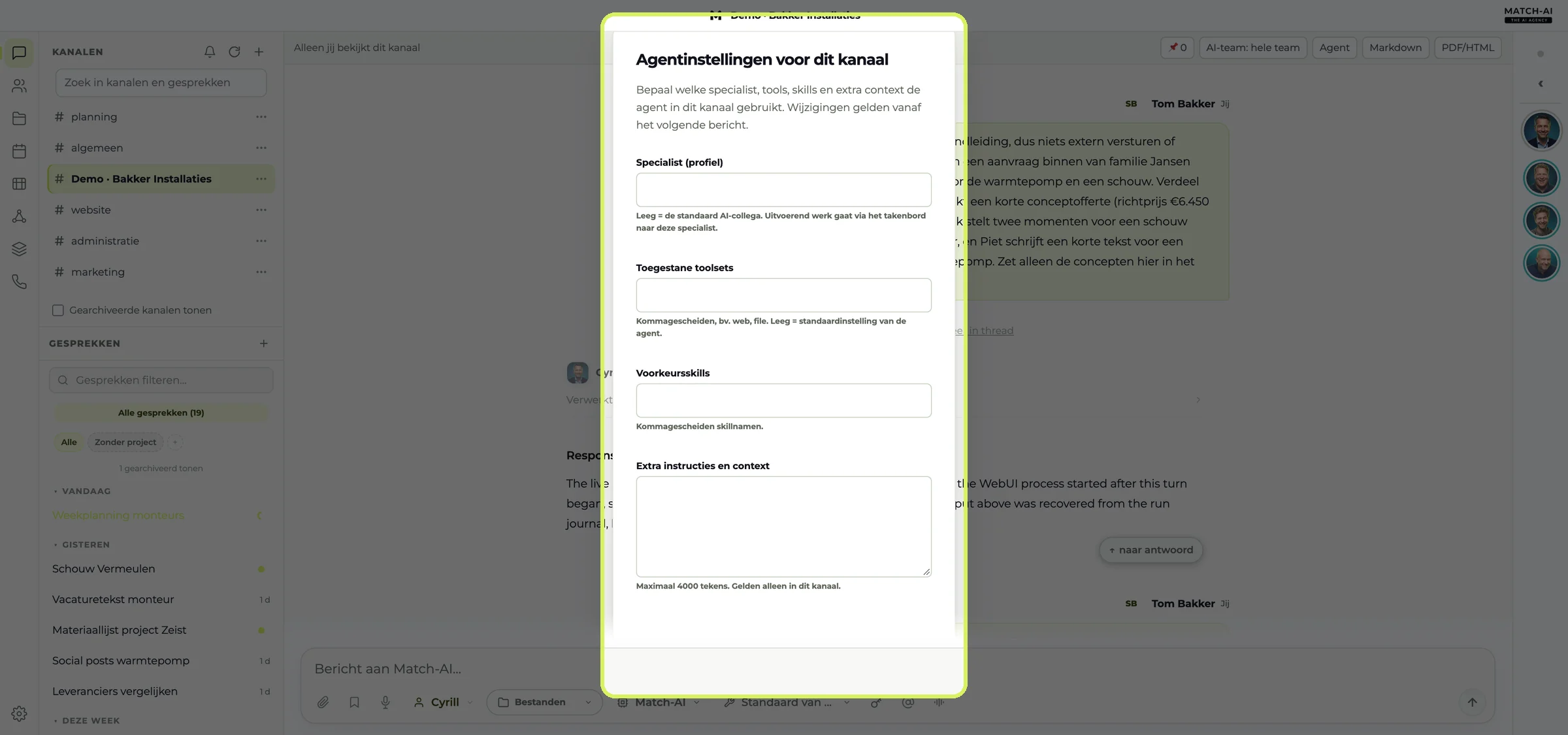 Agent-Einstellungen eines Kanals