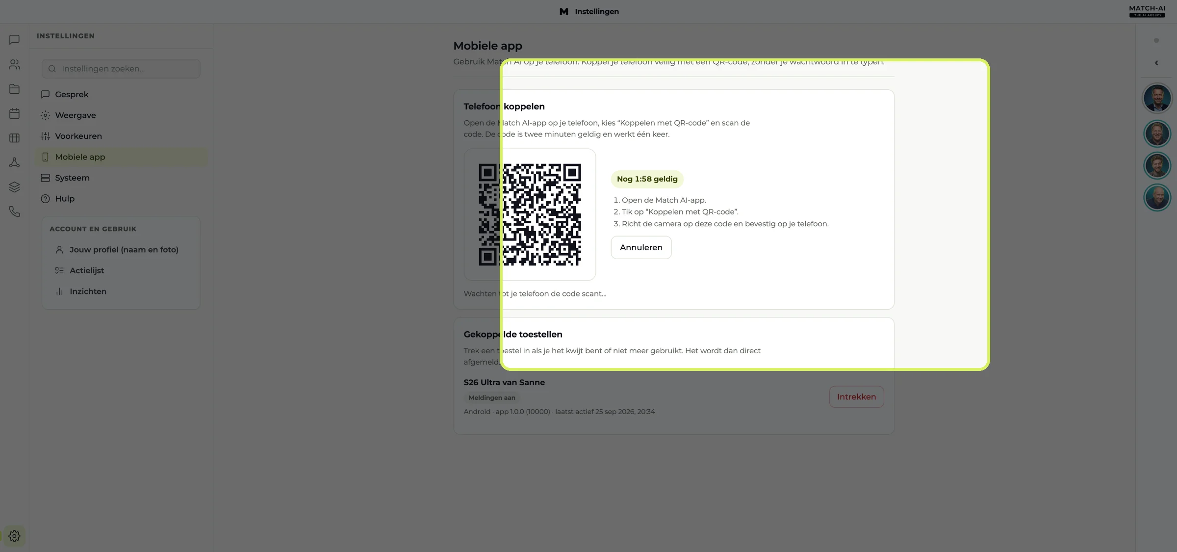 Einstellungen, Mobile App: ein QR-Code mit den Schritten zum Verbinden Ihres Telefons
