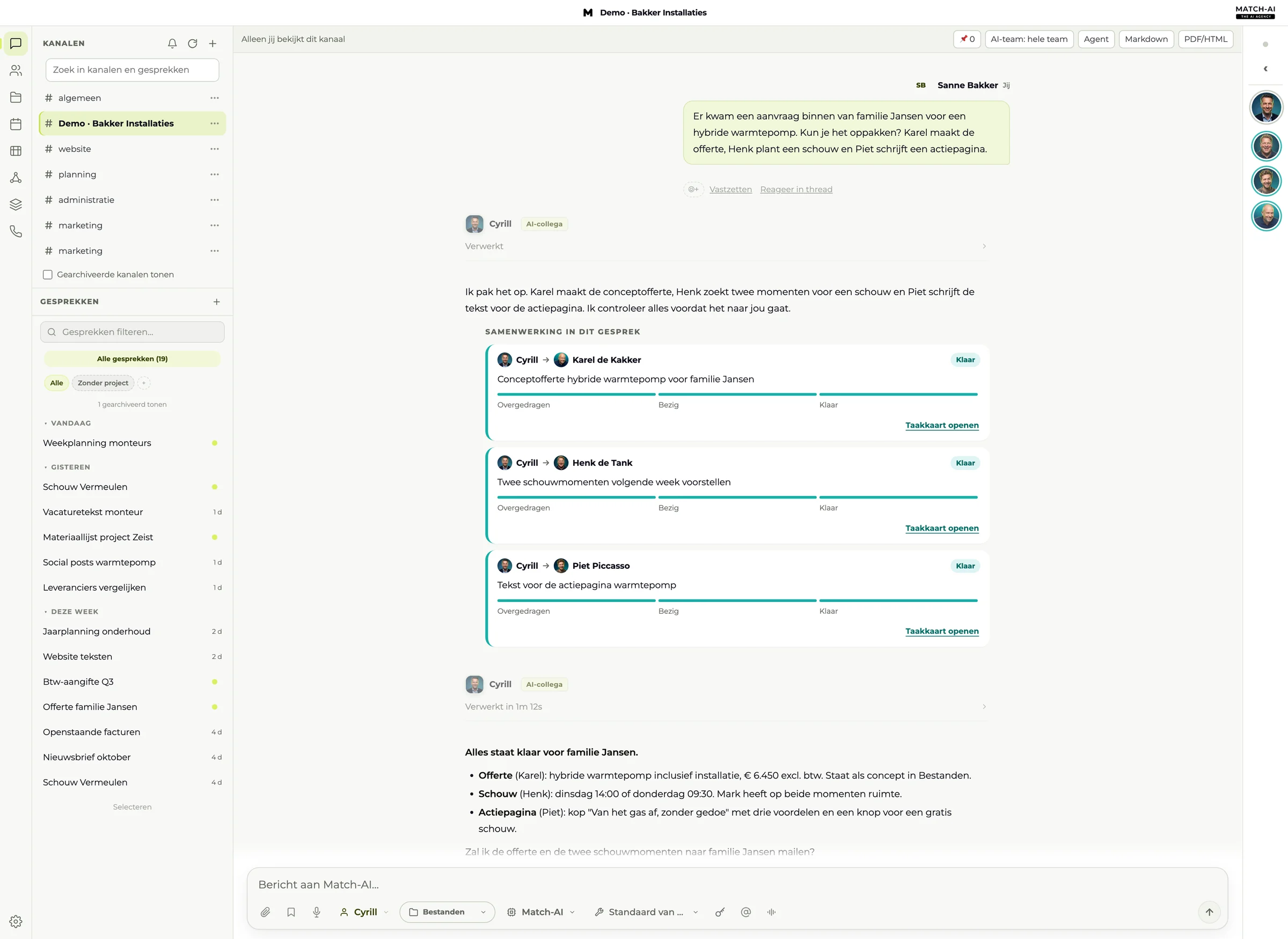 Der Match-AI Arbeitsplatz mit Kanälen links, einem Gespräch in der Mitte und dem Team rechts